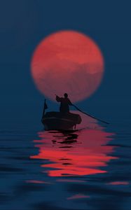 Preview wallpaper traveler, silhouette, boat, sunset, sun, art