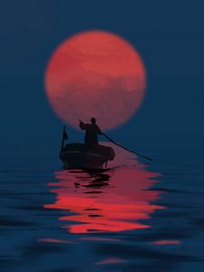 Preview wallpaper traveler, silhouette, boat, sunset, sun, art