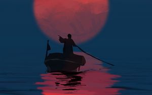 Preview wallpaper traveler, silhouette, boat, sunset, sun, art