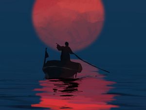 Preview wallpaper traveler, silhouette, boat, sunset, sun, art