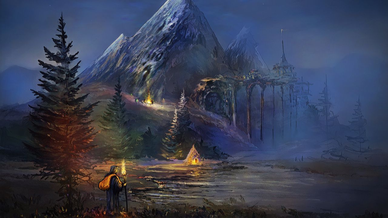 Wallpaper traveler, silhouette, torch, mountains, art