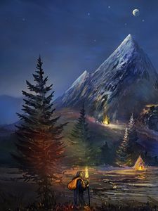 Preview wallpaper traveler, silhouette, torch, mountains, art