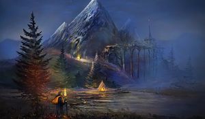 Preview wallpaper traveler, silhouette, torch, mountains, art