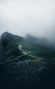 Preview wallpaper traveler, travel, loneliness, alone, mountains, fog