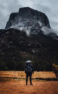 Preview wallpaper traveler, travel, mountains, backpack, rocks