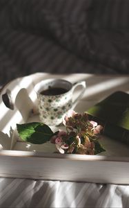 Preview wallpaper tray, book, cup, flower, bed, morning