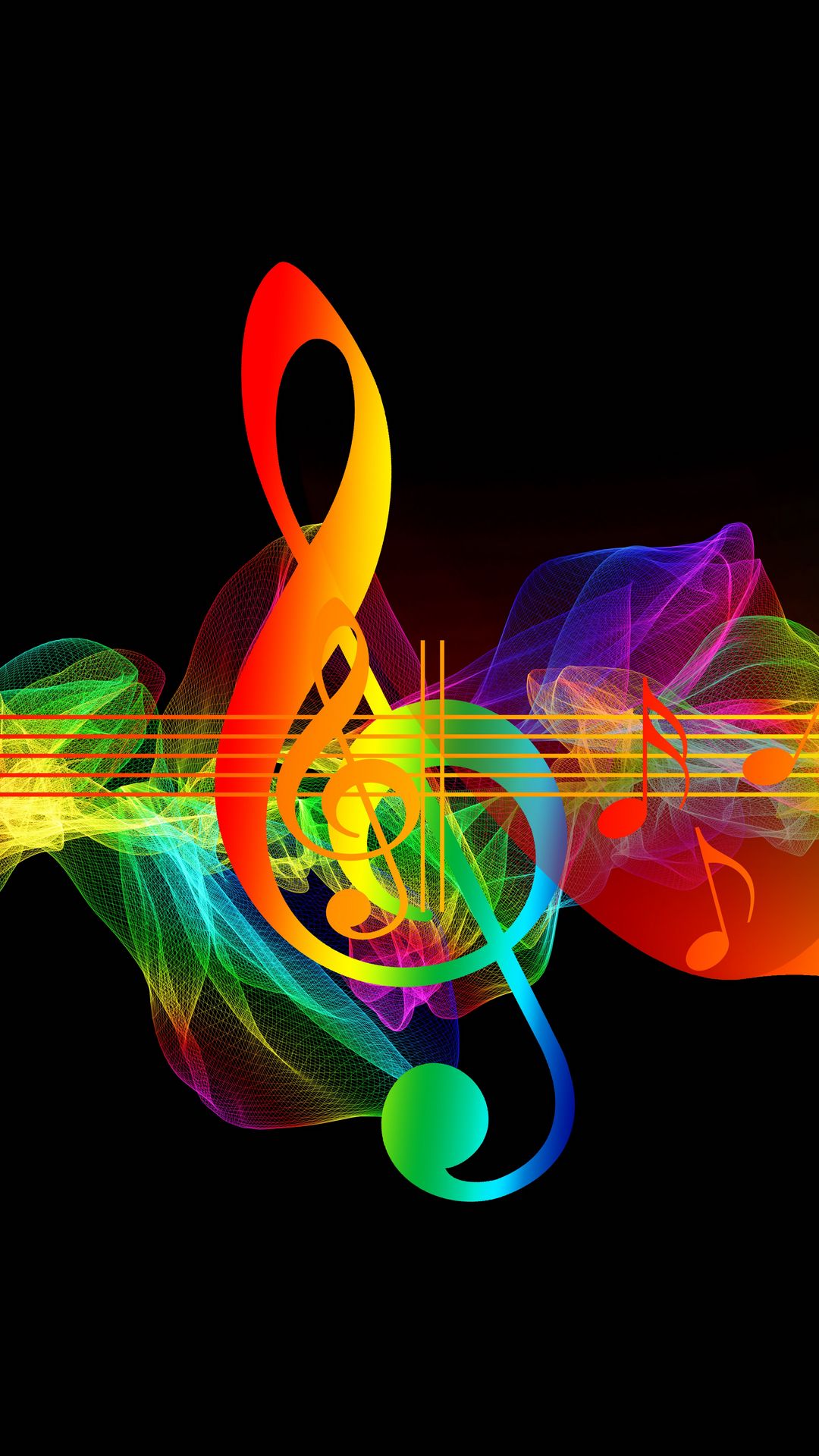 1080x1920 Wallpaper treble clef, musical notes, multicolored, rainbow