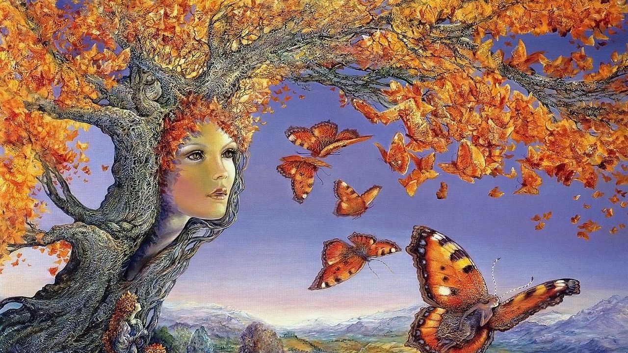 Wallpaper tree, autumn, face, butterflies, leaves, girl, wonder