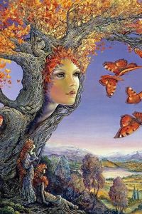 Preview wallpaper tree, autumn, face, butterflies, leaves, girl, wonder