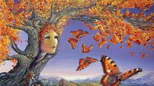 Preview wallpaper tree, autumn, face, butterflies, leaves, girl, wonder