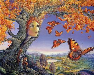 Preview wallpaper tree, autumn, face, butterflies, leaves, girl, wonder