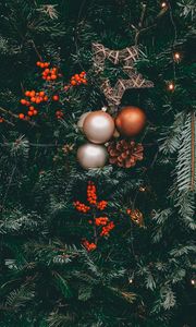 Preview wallpaper tree, balls, decorations, berries, cones, garlands