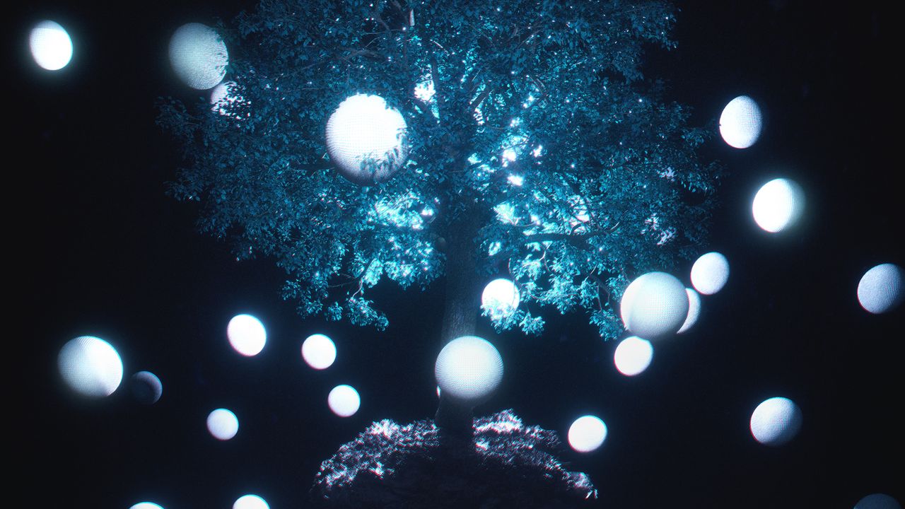 Wallpaper tree, balls, levitation, glow, darkness