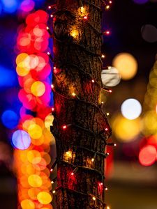 Preview wallpaper tree, bark, garland, bokeh, colorful, holiday