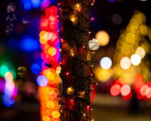Preview wallpaper tree, bark, garland, bokeh, colorful, holiday