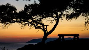 Preview wallpaper tree, bench, silhouettes, sea, twilight