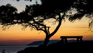 Preview wallpaper tree, bench, silhouettes, sea, twilight