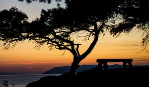 Preview wallpaper tree, bench, silhouettes, sea, twilight