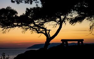 Preview wallpaper tree, bench, silhouettes, sea, twilight