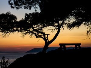 Preview wallpaper tree, bench, silhouettes, sea, twilight
