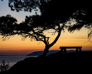Preview wallpaper tree, bench, silhouettes, sea, twilight