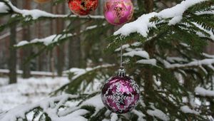 Preview wallpaper tree, branch, snow, balls, forest, holiday, new year