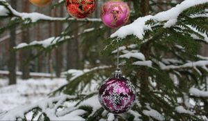 Preview wallpaper tree, branch, snow, balls, forest, holiday, new year