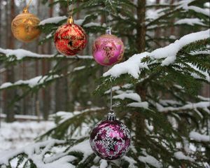 Preview wallpaper tree, branch, snow, balls, forest, holiday, new year