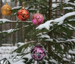 Preview wallpaper tree, branch, snow, balls, forest, holiday, new year