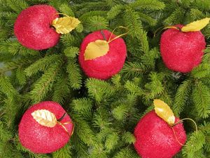 Preview wallpaper tree, branches, needles, christmas decorations, apples, new year, holiday, christmas