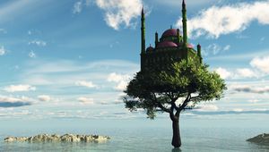 Preview wallpaper tree, castle, sea, fantasy