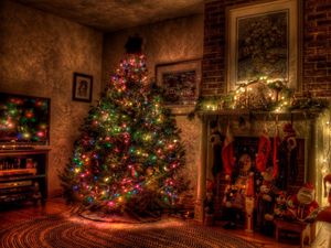 Preview wallpaper tree, christmas, holiday, garland, fireplace, toys, stockings