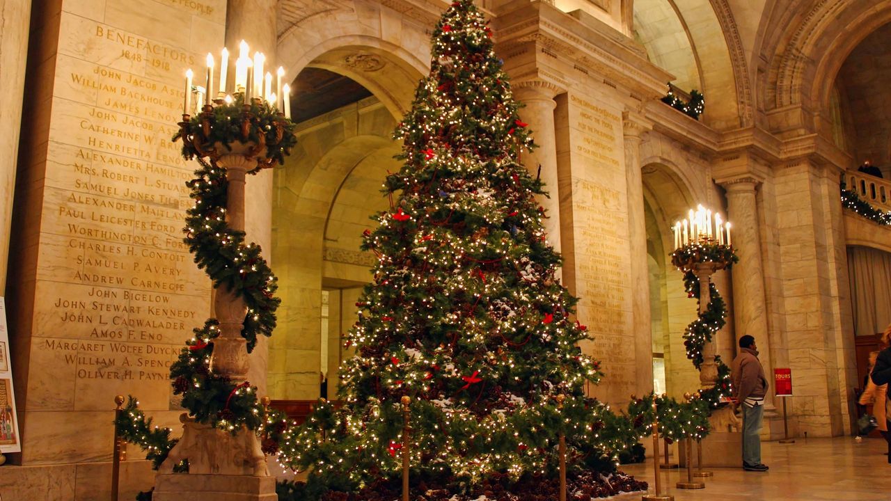 Wallpaper tree, christmas, holiday, palace, columns, candles