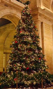 Preview wallpaper tree, christmas, holiday, palace, columns, candles