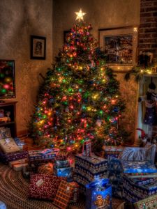 Preview wallpaper tree, christmas, presents, fireplace, holiday, toys, stockings, home, comfort