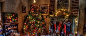 Preview wallpaper tree, christmas, presents, fireplace, holiday, toys, stockings, home, comfort