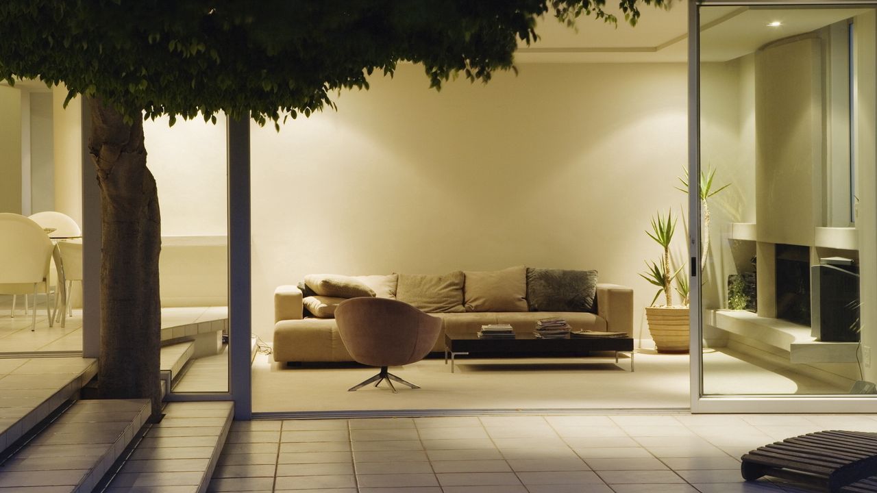 Wallpaper tree, couch, design, interior room, chair, leaves, tiles, pillows, plants, steps