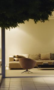 Preview wallpaper tree, couch, design, interior room, chair, leaves, tiles, pillows, plants, steps