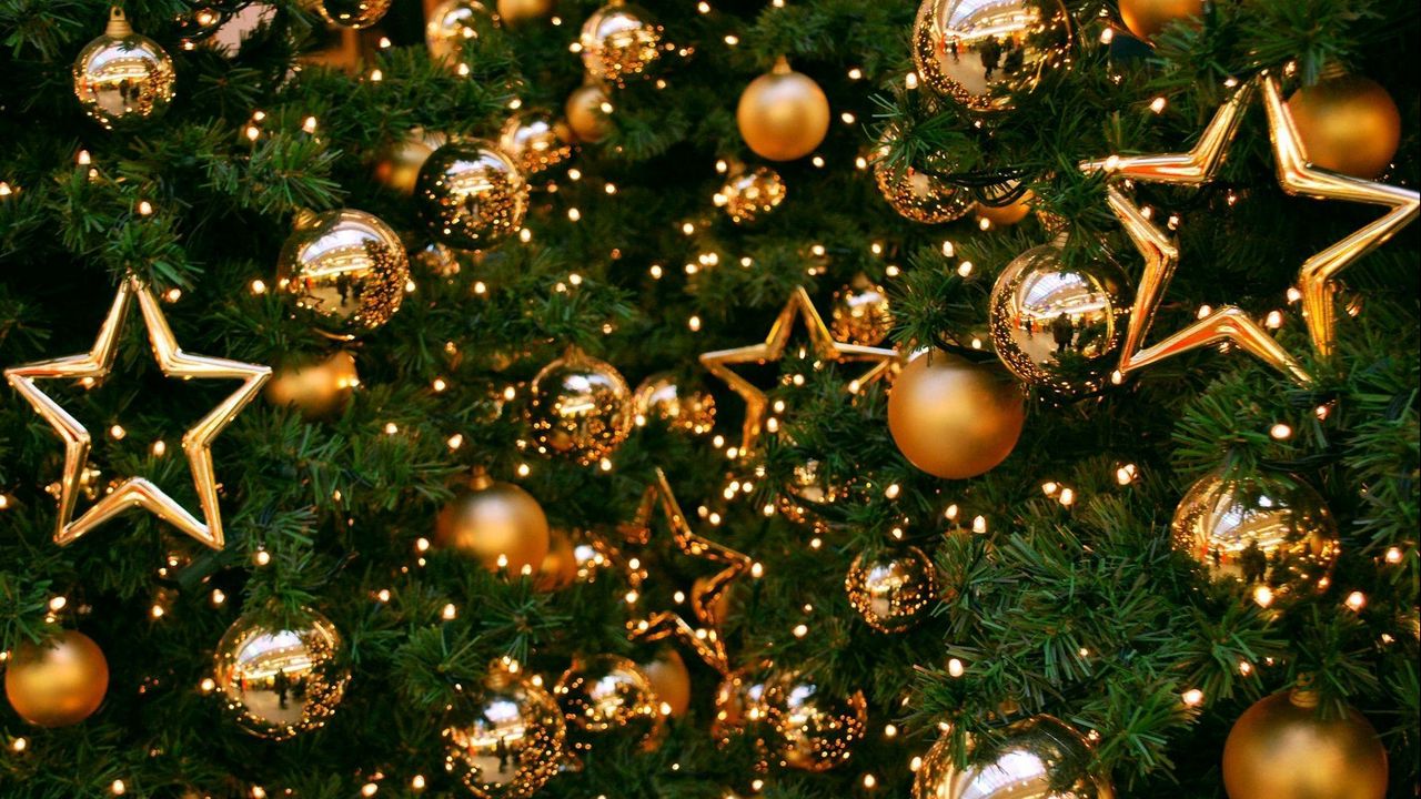 Wallpaper tree, decorations, balloons, stars, gold, new year, christmas, holiday