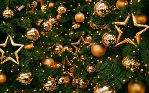 Preview wallpaper tree, decorations, balloons, stars, gold, new year, christmas, holiday
