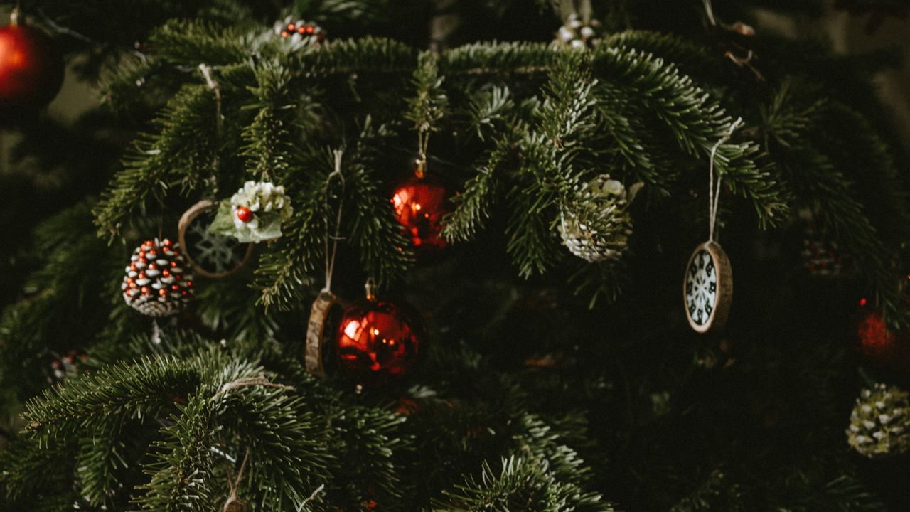 Wallpaper tree, decorations, balls, cones, new year, christmas