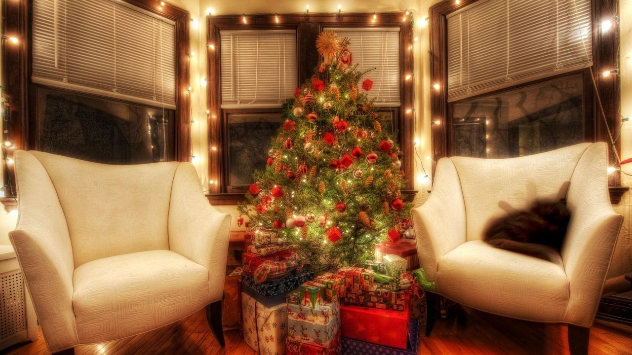 Wallpaper tree, decorations, gifts, room, chair, christmas
