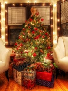 Preview wallpaper tree, decorations, gifts, room, chair, christmas