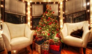 Preview wallpaper tree, decorations, gifts, room, chair, christmas