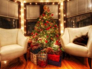 Preview wallpaper tree, decorations, gifts, room, chair, christmas