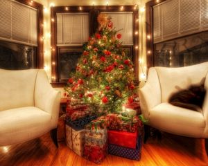 Preview wallpaper tree, decorations, gifts, room, chair, christmas