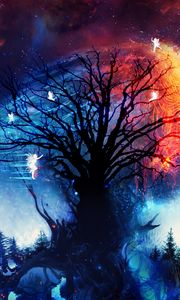 Preview wallpaper tree, fairies, art, silhouettes, night