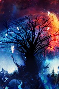 Preview wallpaper tree, fairies, art, silhouettes, night