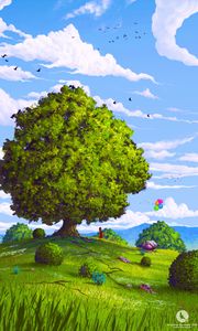 Preview wallpaper tree, field, balloons, summer, child