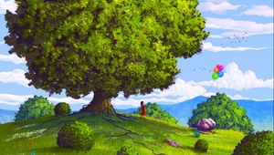 Preview wallpaper tree, field, balloons, summer, child